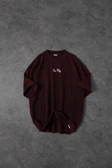 Erkek Bordo TO FLY Özel Yıkamalı Kumaş Oversize Tshirt