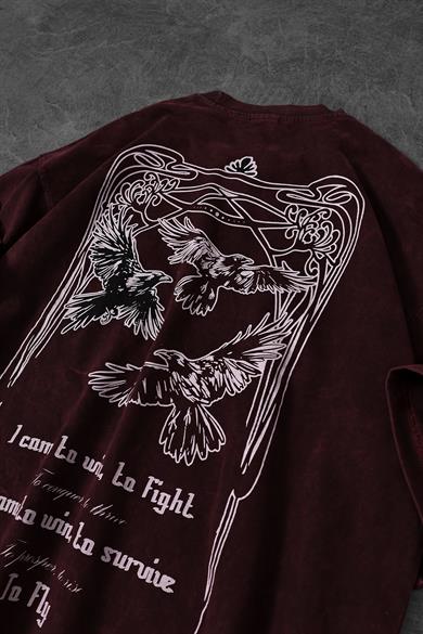 Erkek Bordo TO FLY Özel Yıkamalı Kumaş Oversize Tshirt