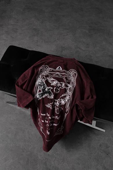 Erkek Bordo TO FLY Özel Yıkamalı Kumaş Oversize Tshirt