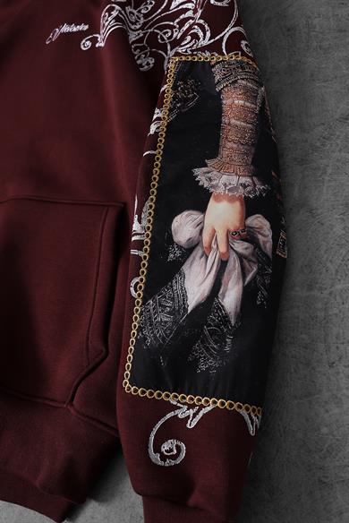 Erkek Bordo Victories Kol Patch Kapüşonlu Oversize Sweatshirt