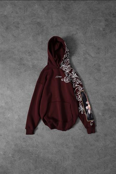 Erkek Bordo Victories Kol Patch Kapüşonlu Oversize Sweatshirt