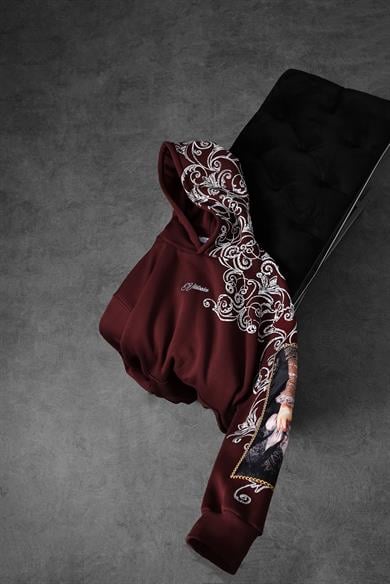 Erkek Bordo Victories Kol Patch Kapüşonlu Oversize Sweatshirt