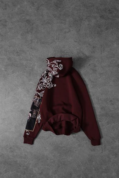 Erkek Bordo Victories Kol Patch Kapüşonlu Oversize Sweatshirt