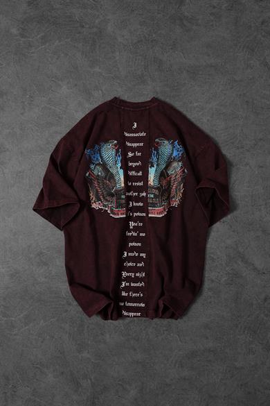 Erkek Bordo Viper Özel Yıkamalı Kumaş Oversize Tshirt