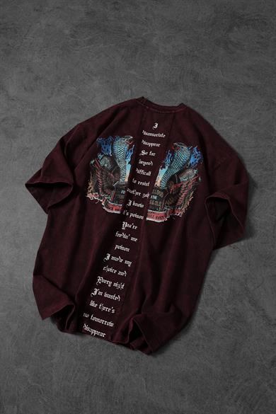 Erkek Bordo Viper Özel Yıkamalı Kumaş Oversize Tshirt