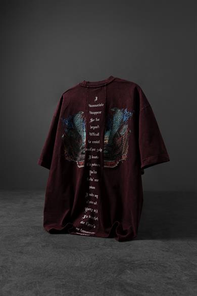 Erkek Bordo Viper Özel Yıkamalı Kumaş Oversize Tshirt