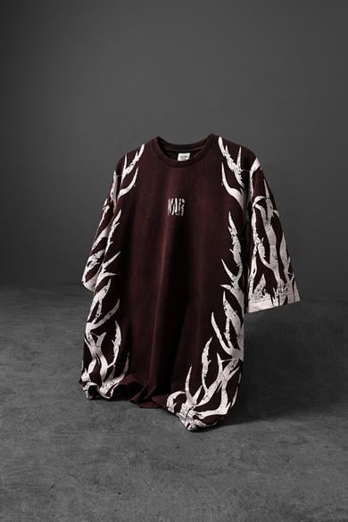 Erkek Bordo War Özel Yıkamalı Kumaş Oversize Tshirt