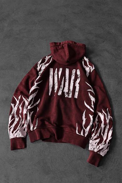 Erkek Bordo War Özel Yıkamalı Oversize Kapüşonlu Sweatshirt