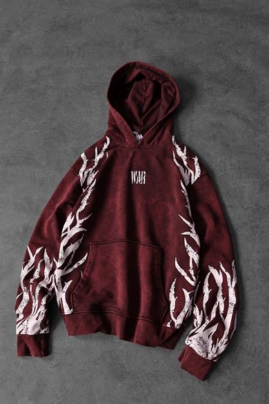Erkek Bordo War Özel Yıkamalı Oversize Kapüşonlu Sweatshirt