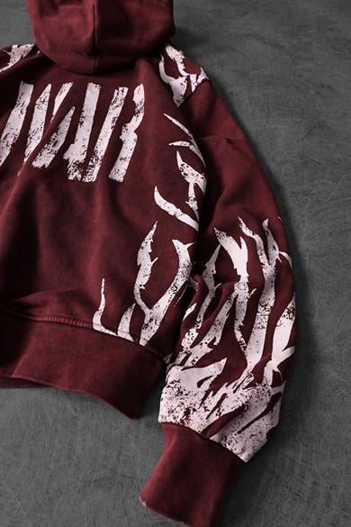 Erkek Bordo War Özel Yıkamalı Oversize Kapüşonlu Sweatshirt