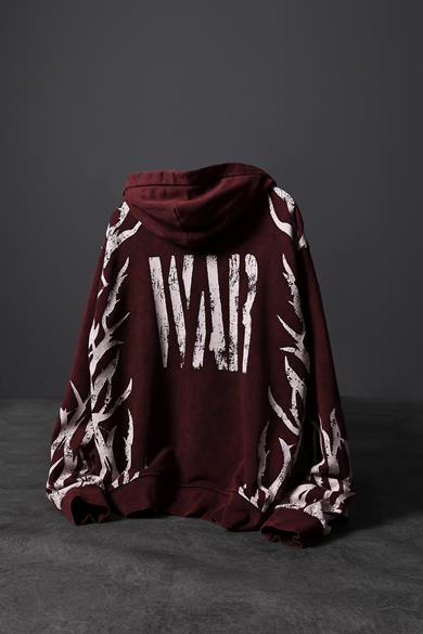 Erkek Bordo War Özel Yıkamalı Oversize Kapüşonlu Sweatshirt