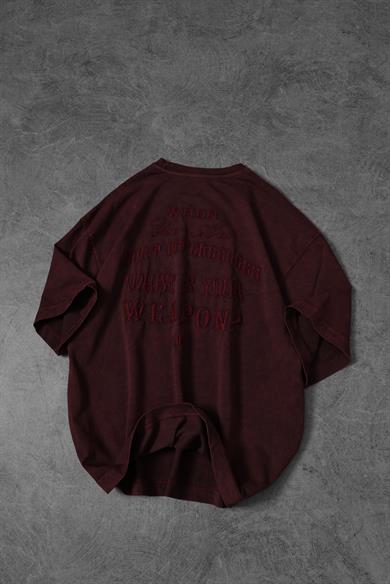 Erkek Bordo Whats Your Weapon? Nakışlı Özel Yıkamalı Oversize Tshirt