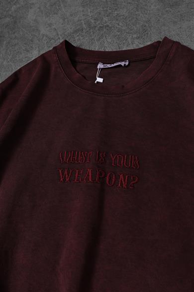 Erkek Bordo Whats Your Weapon? Nakışlı Özel Yıkamalı Oversize Tshirt