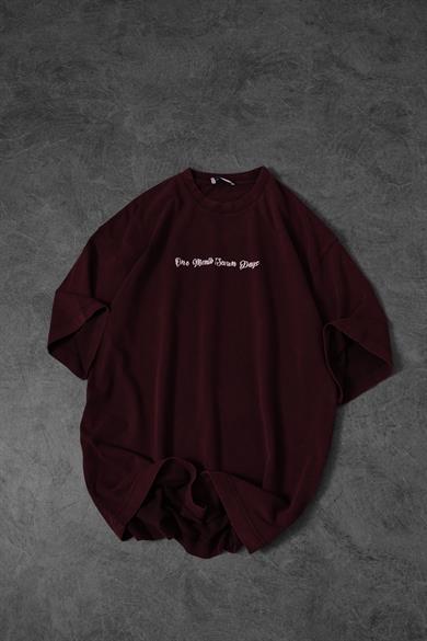 Erkek Bordo Wings Özel Yıkamalı Kumaş Oversize Tshirt