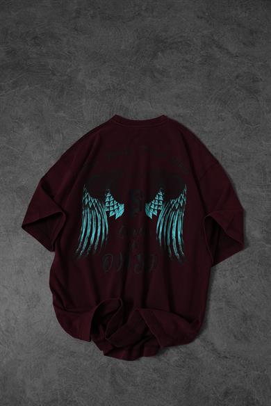Erkek Bordo Wings Özel Yıkamalı Kumaş Oversize Tshirt