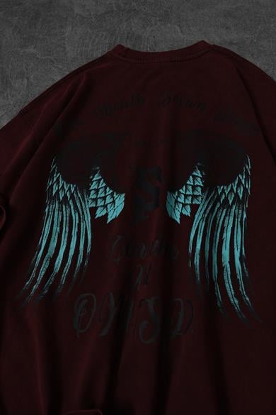 Erkek Bordo Wings Özel Yıkamalı Kumaş Oversize Tshirt