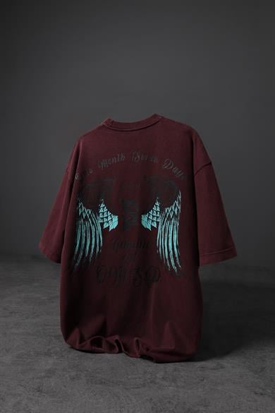 Erkek Bordo Wings Özel Yıkamalı Kumaş Oversize Tshirt