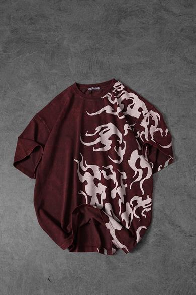 Erkek Bordo Yazılı Yan Baskı Özel Yıkamalı Kumaş Oversize Tshirt