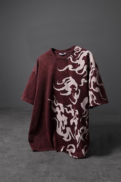 Erkek Bordo Yazılı Yan Baskı Özel Yıkamalı Kumaş Oversize Tshirt
