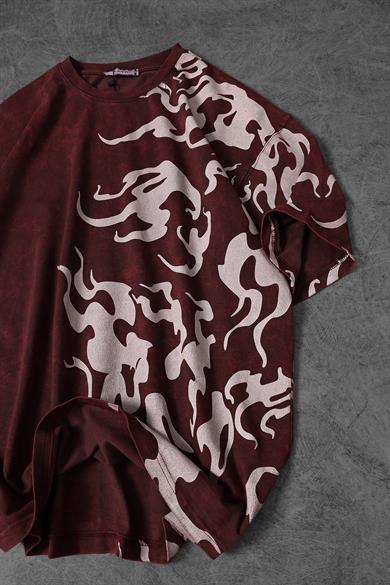 Erkek Bordo Yazılı Yan Baskı Özel Yıkamalı Kumaş Oversize Tshirt