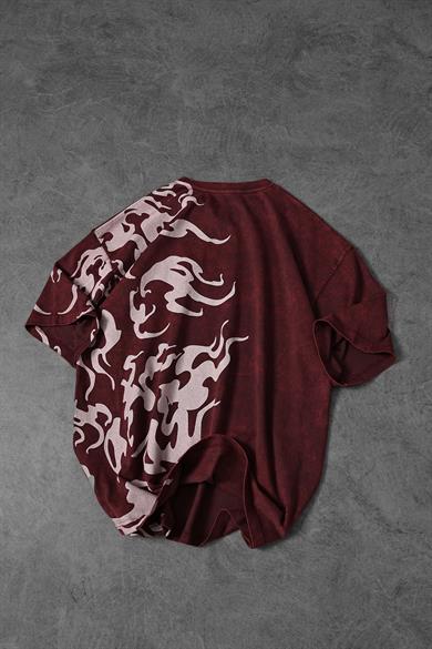 Erkek Bordo Yazılı Yan Baskı Özel Yıkamalı Kumaş Oversize Tshirt
