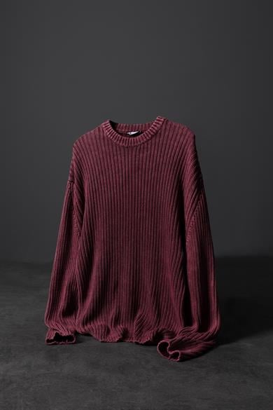 Erkek Bordo Yıkamalı Fitilli Yün Karışımlı Bisiklet Yaka Oversize Kazak