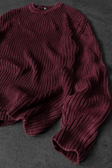 Erkek Bordo Yıkamalı Fitilli Yün Karışımlı Bisiklet Yaka Oversize Kazak