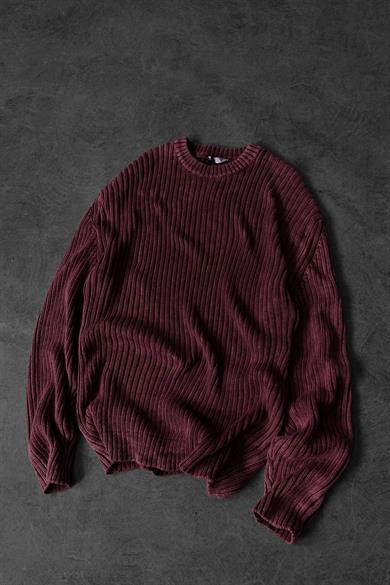 Erkek Bordo Yıkamalı Fitilli Yün Karışımlı Bisiklet Yaka Oversize Kazak