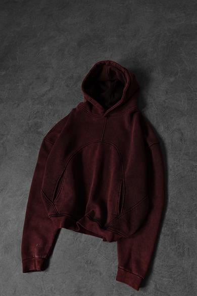 Erkek Bordo Yıkamalı Kapüşonlu Oversize Sweatshirt