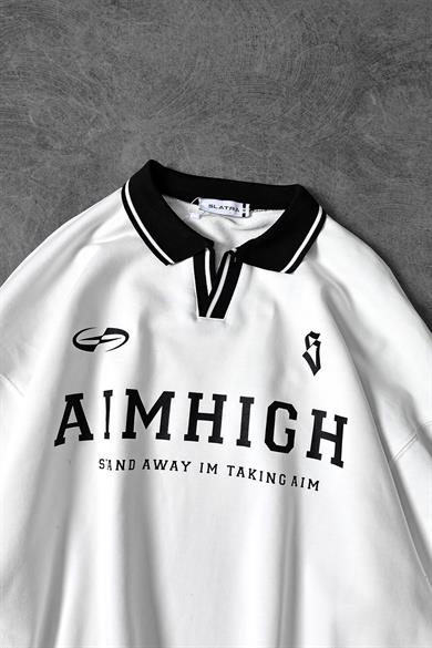 Erkek Ekru Aimhigh Baskılı Polo Yaka Oversize Sweatshirt