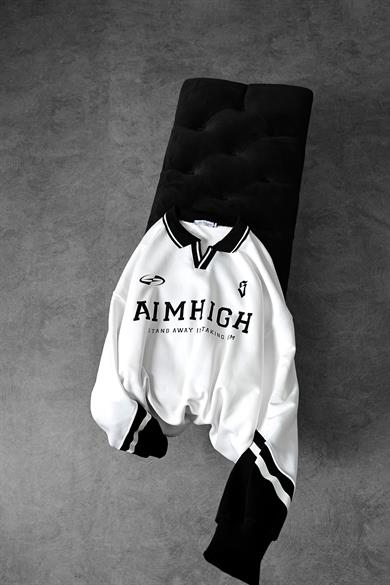 Erkek Ekru Aimhigh Baskılı Polo Yaka Oversize Sweatshirt