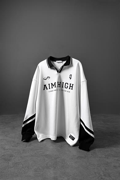 Erkek Ekru Aimhigh Baskılı Polo Yaka Oversize Sweatshirt