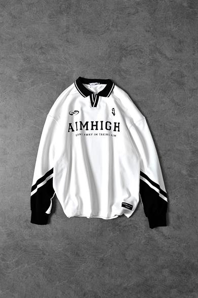 Erkek Ekru Aimhigh Baskılı Polo Yaka Oversize Sweatshirt