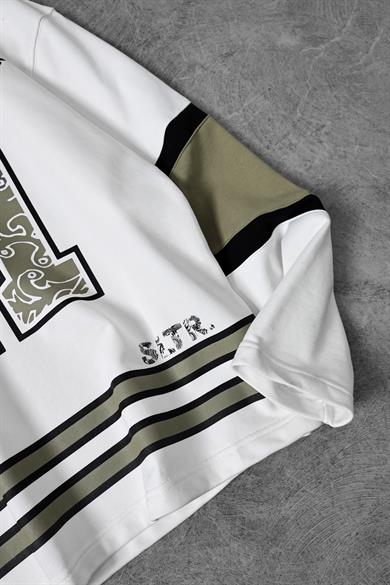 Erkek Ekru Baskılı 21 Polo Yaka Oversize Forma Sweatshirt