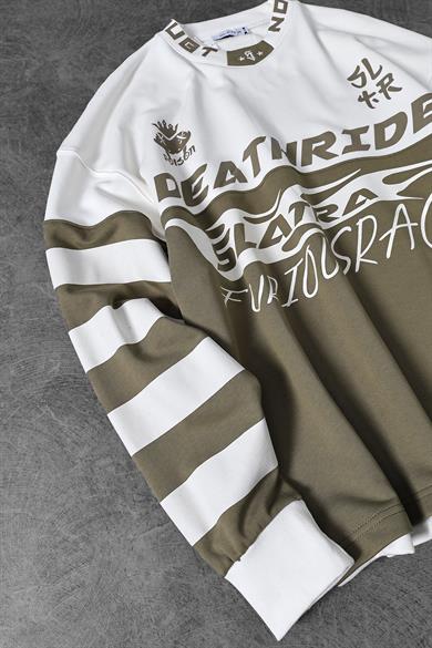 Erkek Ekru Deathride Baskılı V Yaka Oversize Racing Sweatshirt