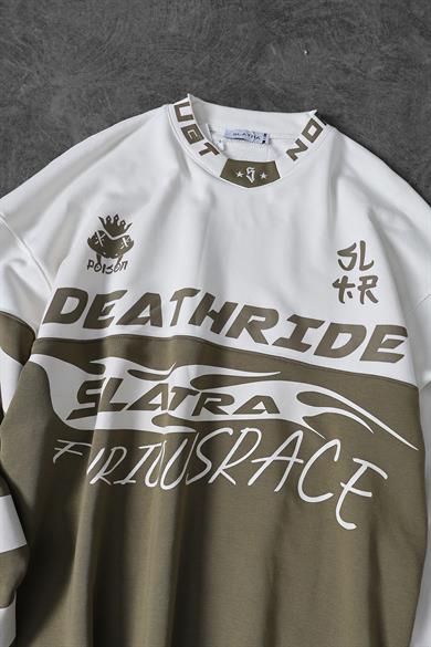 Erkek Ekru Deathride Baskılı V Yaka Oversize Racing Sweatshirt