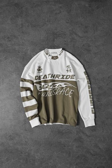 Erkek Ekru Deathride Baskılı V Yaka Oversize Racing Sweatshirt