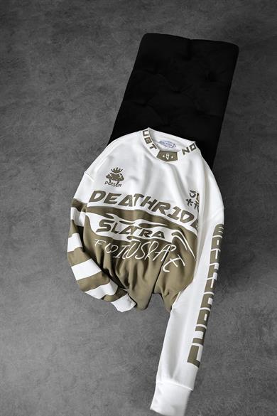 Erkek Ekru Deathride Baskılı V Yaka Oversize Racing Sweatshirt