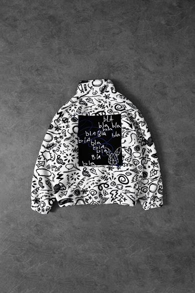 Erkek Ekru Desenli Patchli Yarım Fermuar Oversize Peluş Sweatshirt