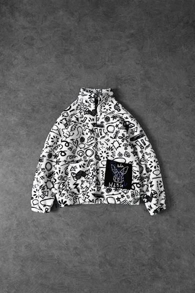 Erkek Ekru Desenli Patchli Yarım Fermuar Oversize Peluş Sweatshirt