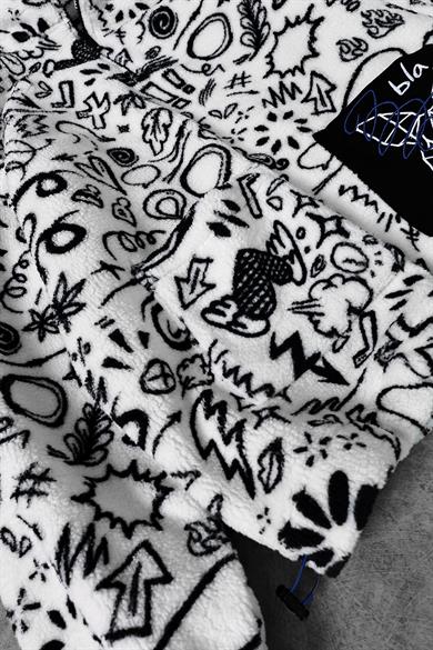 Erkek Ekru Desenli Patchli Yarım Fermuar Oversize Peluş Sweatshirt