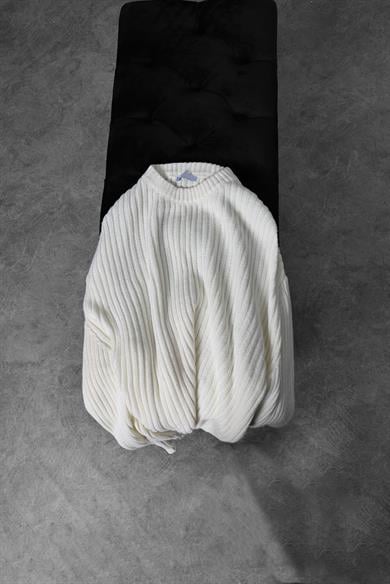 Erkek Ekru Kalın Fitilli Yün Karışımlı Bisiklet Yaka Oversize Kazak