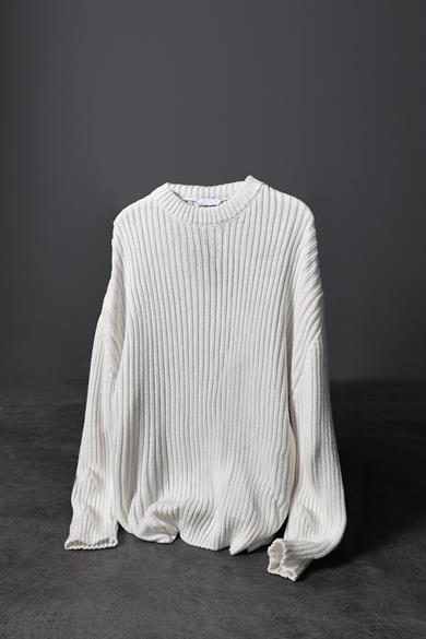 Erkek Ekru Kalın Fitilli Yün Karışımlı Bisiklet Yaka Oversize Kazak