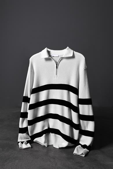 Erkek Ekru Şeritli Yarım Fermuar Oversize Triko Kazak