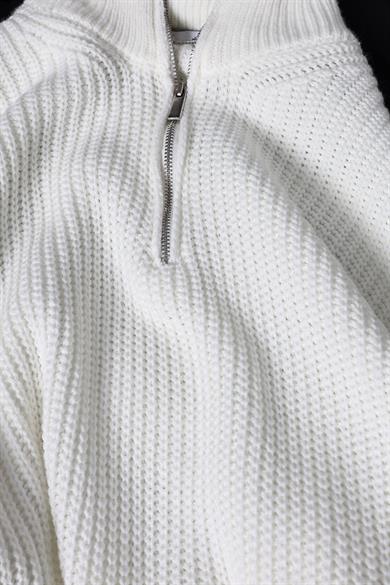 Erkek Ekru Yarım Fermuar Oversize Örme Kazak