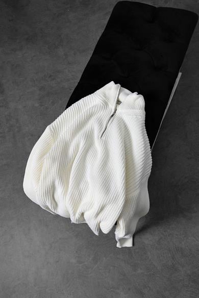 Erkek Ekru Yarım Fermuar Oversize Örme Kazak