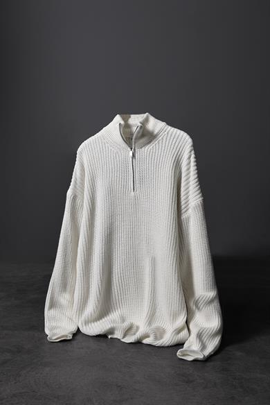 Erkek Ekru Yarım Fermuar Oversize Örme Kazak