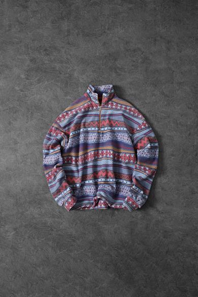 Erkek Etnik Desen Yarım Fermuar Oversize Polar Sweatshirt