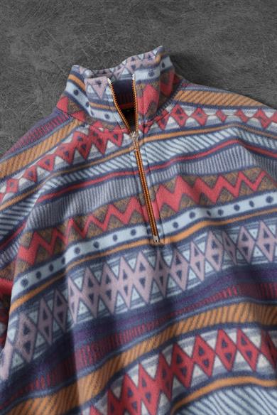 Erkek Etnik Desen Yarım Fermuar Oversize Polar Sweatshirt