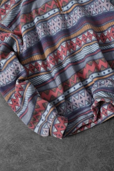 Erkek Etnik Desen Yarım Fermuar Oversize Polar Sweatshirt
